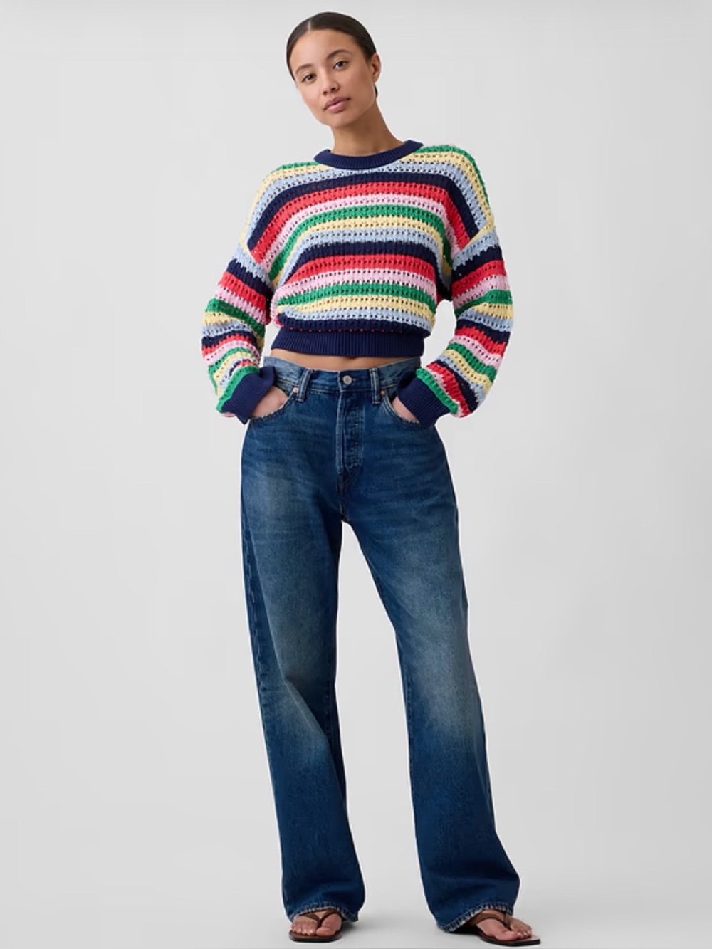 Gap Oversized Crochet Knit Multi-Stripe Cropped Sweater Nautical Festival Beachy